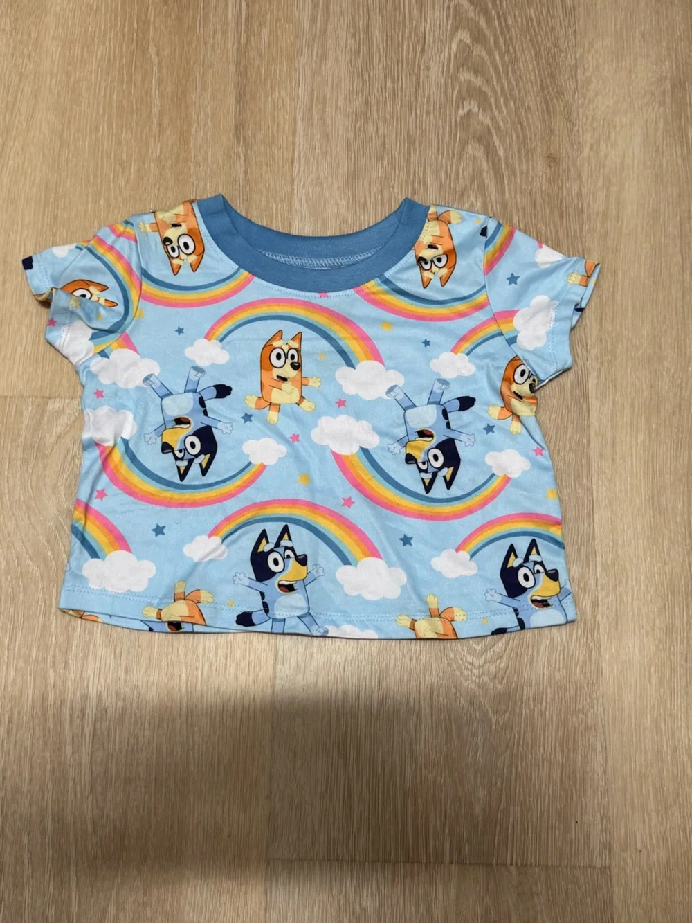 Blue Kids Tee with Rainbow & Cartoon Puppy Print